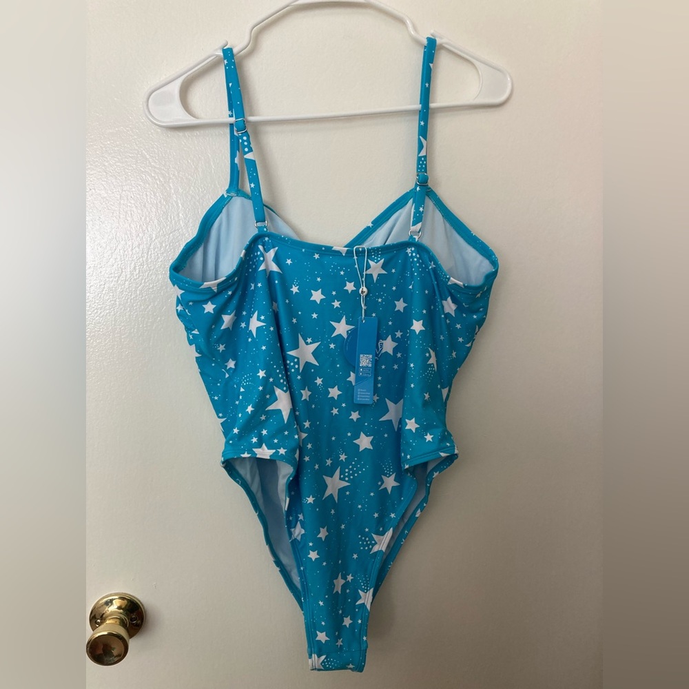 NWT Cupshe Starlight July 4th Square Neck Cheeky One Piece Blue Star Swimsuit XL - Picture 3 of 12